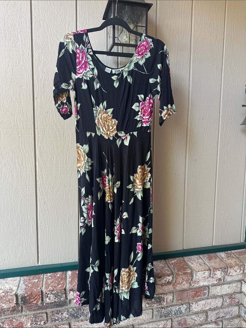 Bila Black Midi Dress with Pink & Gold Floral Accents
